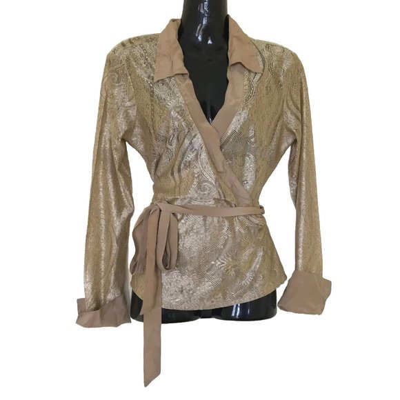David Bitton Sheer Gold Paisley Faux Wrap Long Sleeve Top with Waist Tie Vintage - Picture 1 of 7